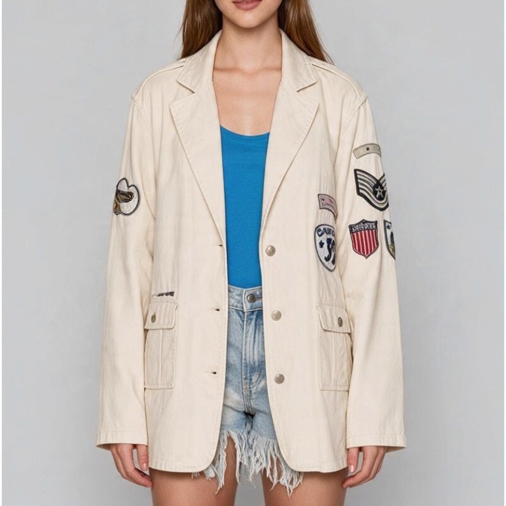 TRACY PORTER COLLECTIVE Khaki Oversized Button-Up MILITARY PATCHES JACKET sz S